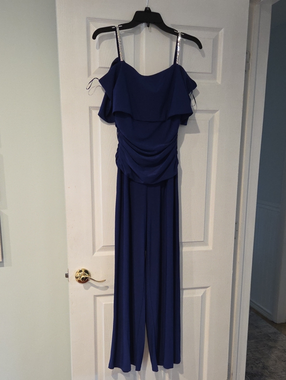 R&M Richards Royal Blue Off-Shoulder Jumpsuit with Sequin Straps